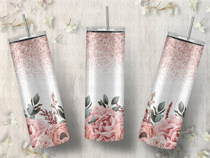 Personalized 20 oz Stainless Steel Tumbler/Includes Metal Straw/Pink Flowers & Glitter Design/#313