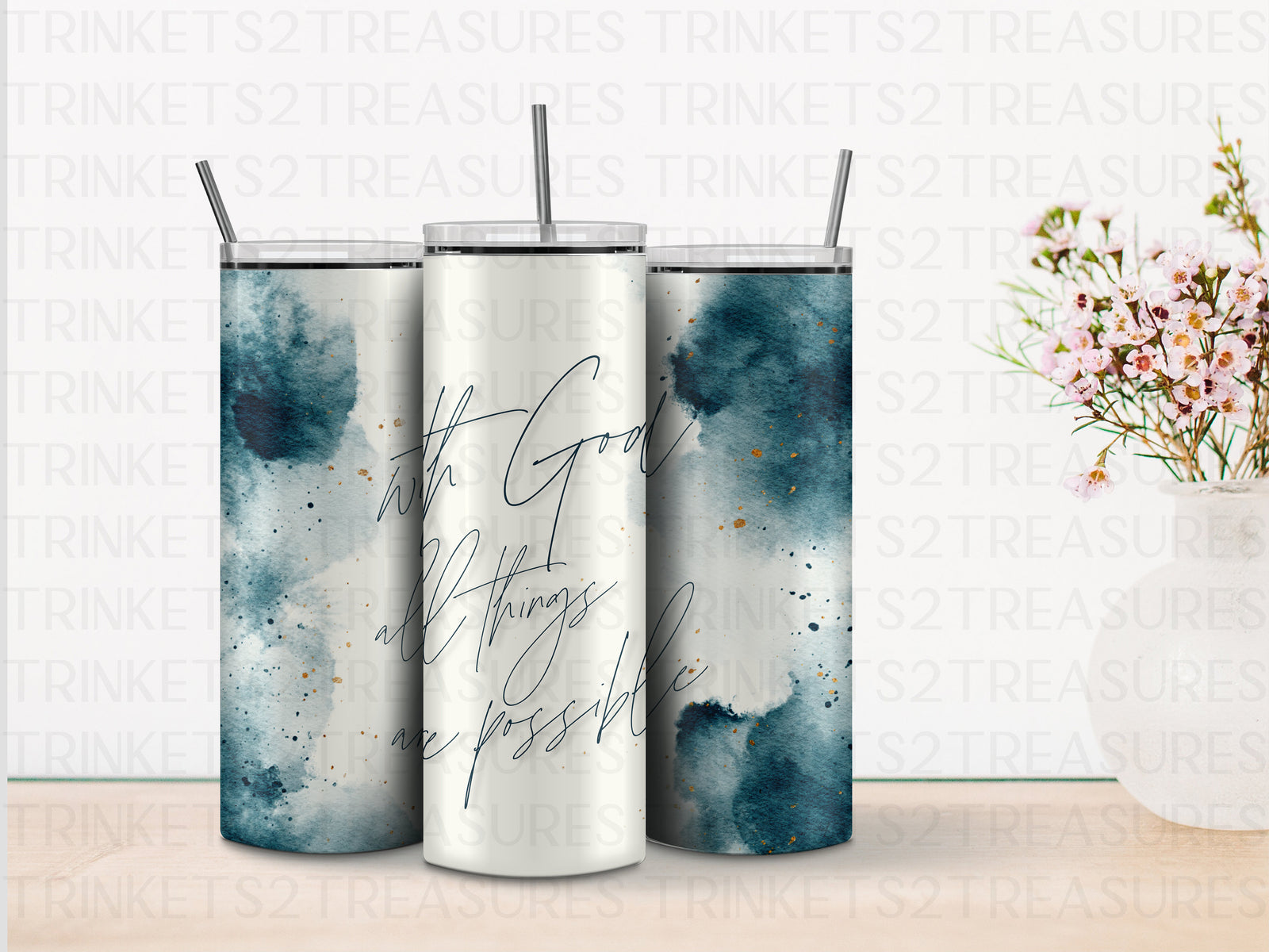 Personalized 20 oz Stainless Steel Tumbler/Includes Metal Straw/With God All Things Are Possible Design/#315