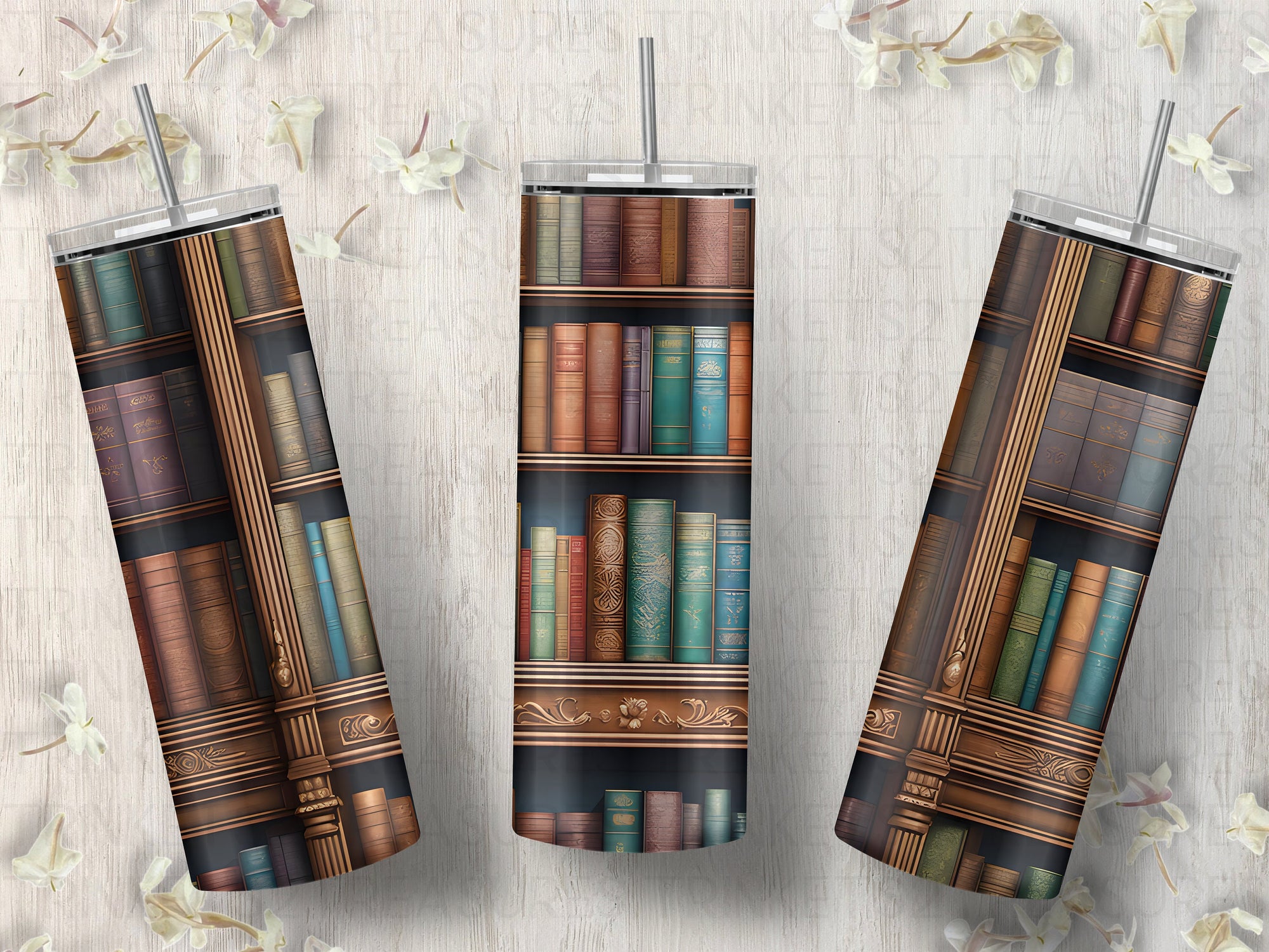 Personalized 20 oz Stainless Steel Tumbler/Includes Metal Straw/Library & Books Design/#317