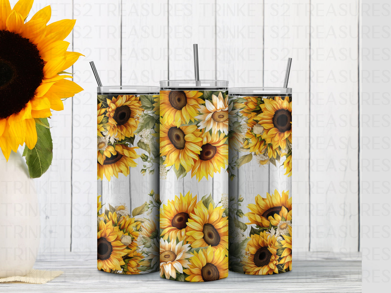 Personalized 20 oz Stainless Steel Tumbler/Includes Metal Straw/Sunflower Design/#314