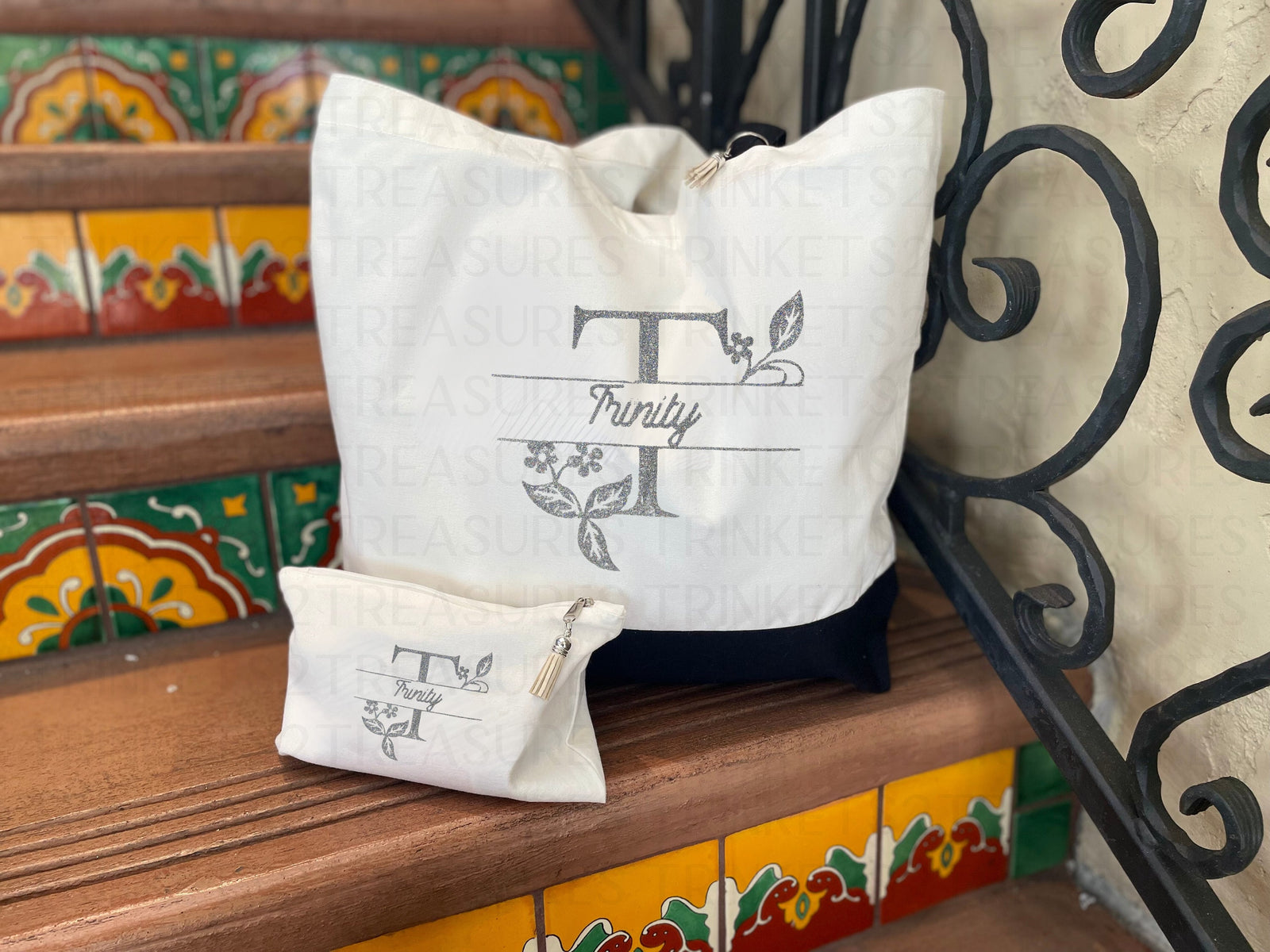 Personalized Canvas Tote Bag with Matching Canvas Make-up Bag/Monogram/Classy Bag/#707