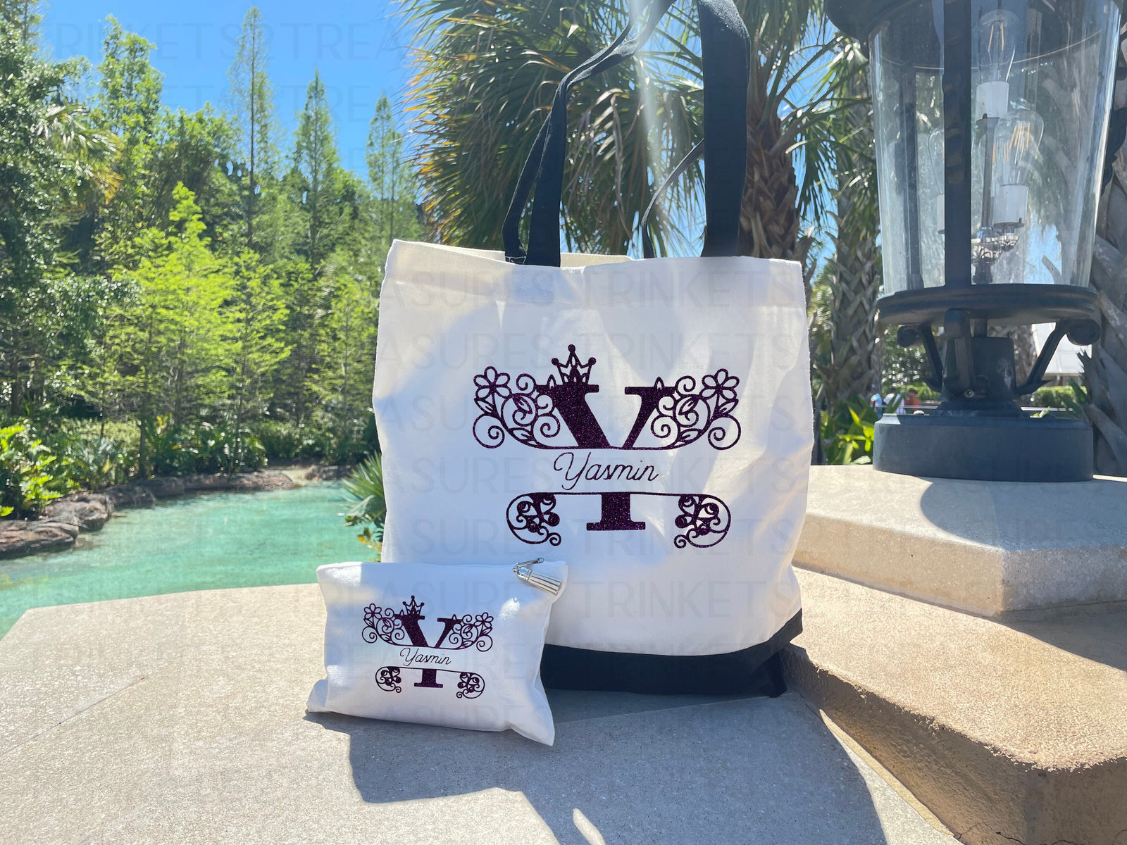 Personalized Canvas Tote Bag with Matching Canvas Make-up Bag/Monogram/Classy Bag/#708