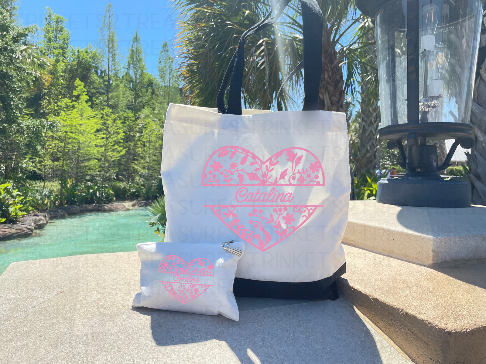 Personalized Canvas Tote Bag with Matching Canvas Make-up Bag/Monogram/Heart & Flowers/#718