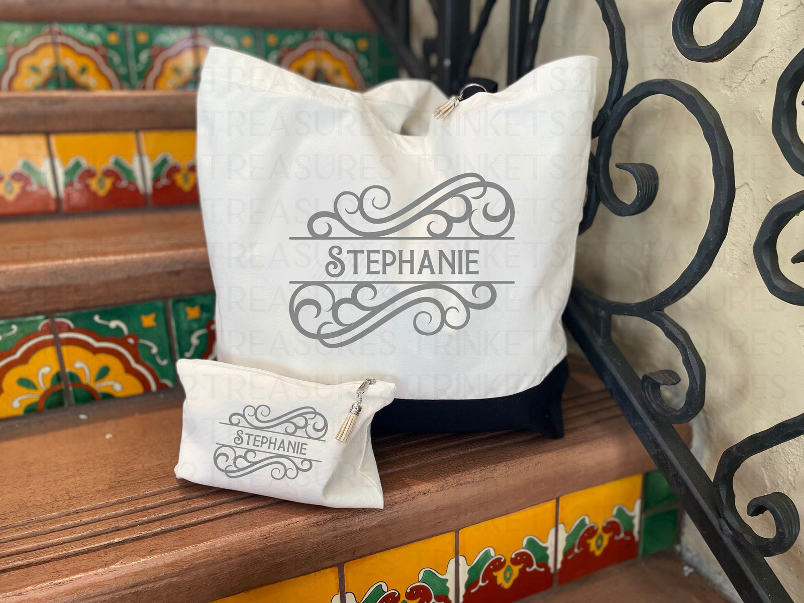 Personalized Canvas Tote Bag with Matching Canvas Make-up Bag/Monogram/Classy Bag/#719