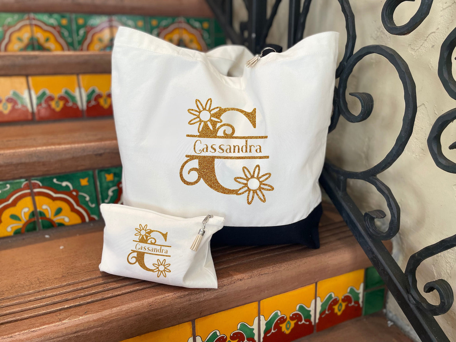 Personalized Canvas Tote Bag with Matching Canvas Make-up Bag/Monogram/Stylish Bag/#702