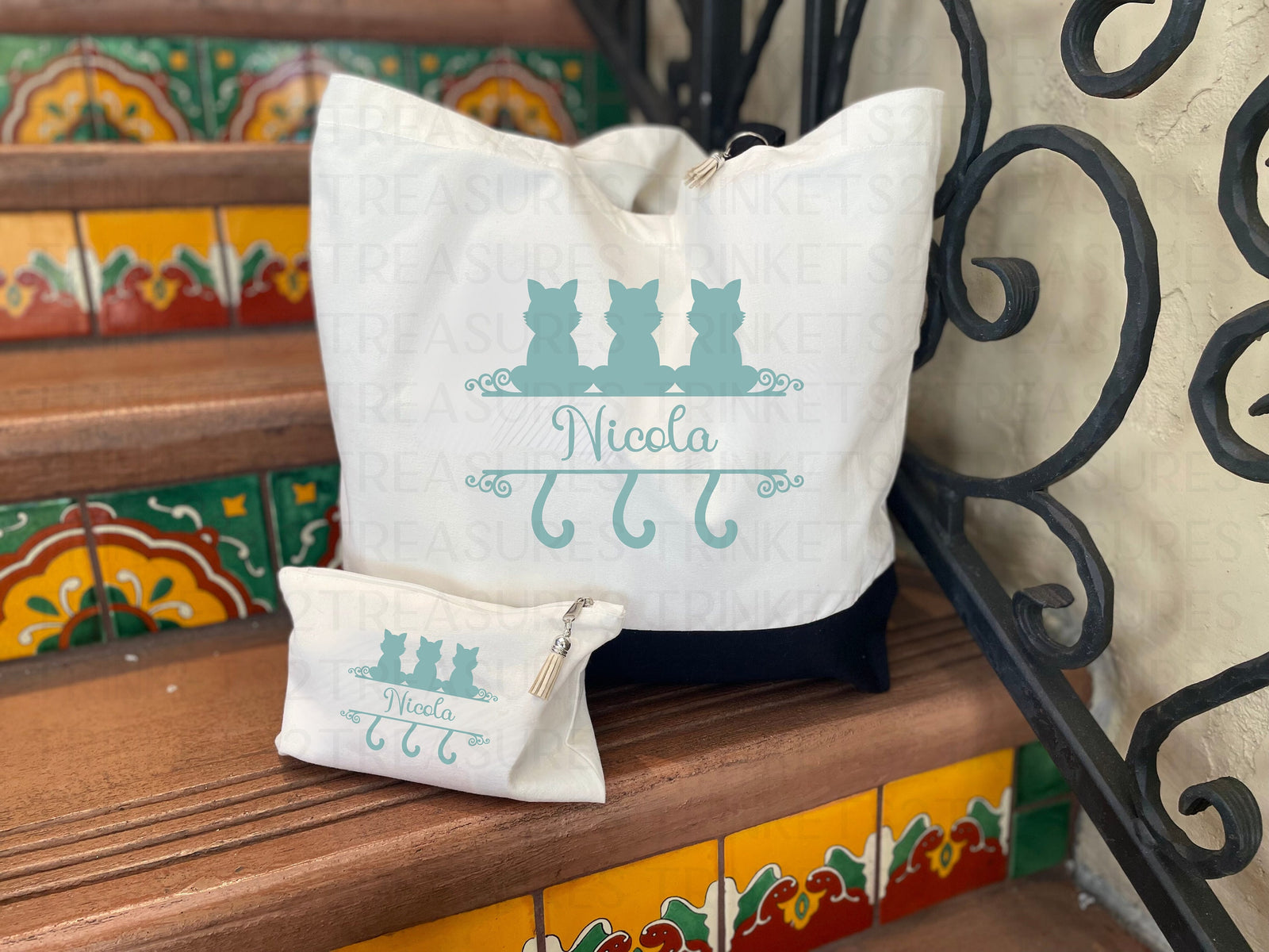 Personalized Canvas Tote Bag with Matching Canvas Make-up Bag/Cat Lover/#713